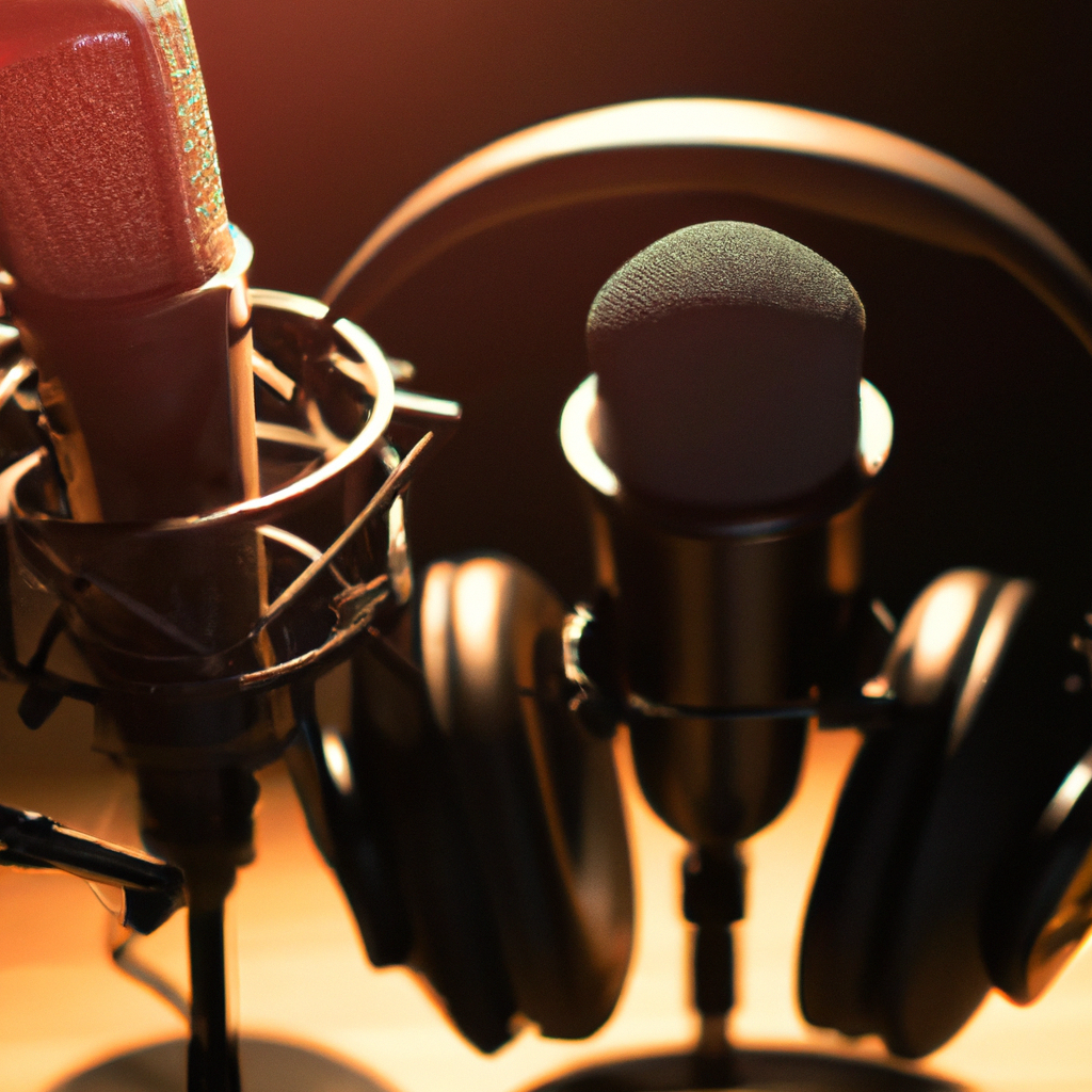 Estudio de podcast moderno con micrófono, mixer y audífonos